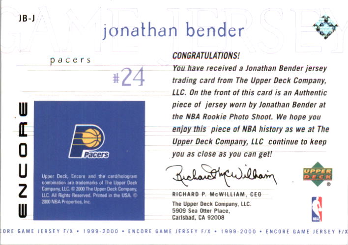1999-00 Upper Deck Encore Game Jerseys #JBJ Jonathan Bender back image