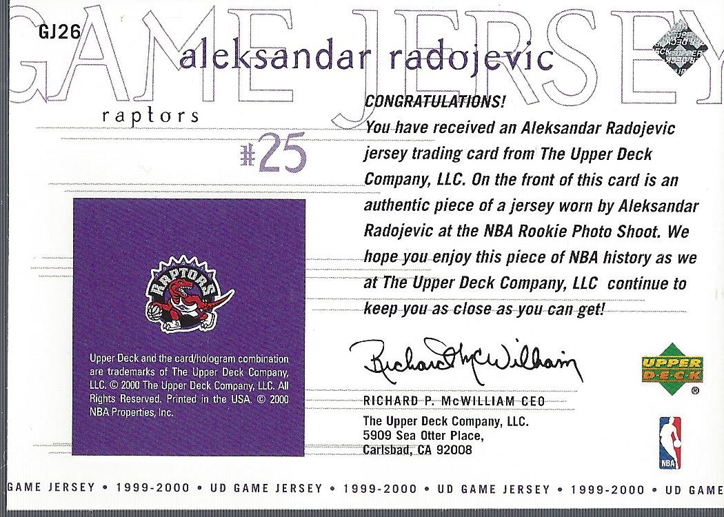 1999-00 Upper Deck Game Jerseys #GJ26 Aleksandar Radojevic back image