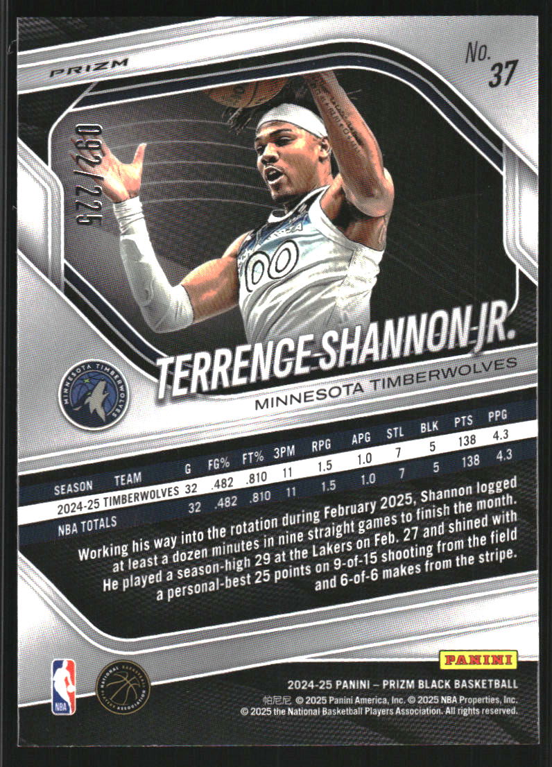 2024-25 Panini Prizm Black Prizms Basketball #37 Terrence Shannon Jr. /225