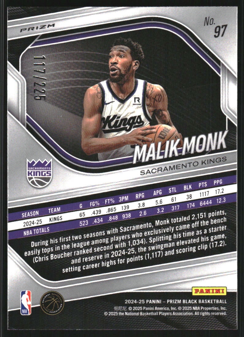 2024-25 Panini Prizm Black Prizms Basketball #97 Malik Monk /225