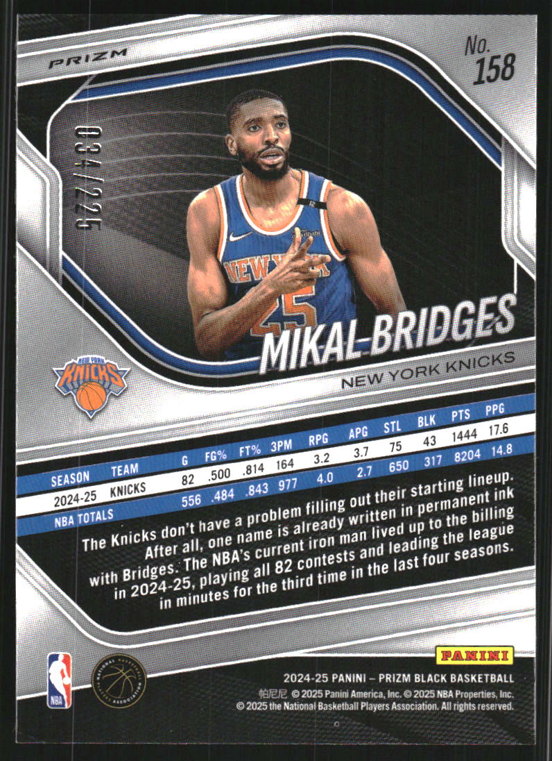 2024-25 Panini Prizm Black Prizms Basketball #158 Mikal Bridges /225
