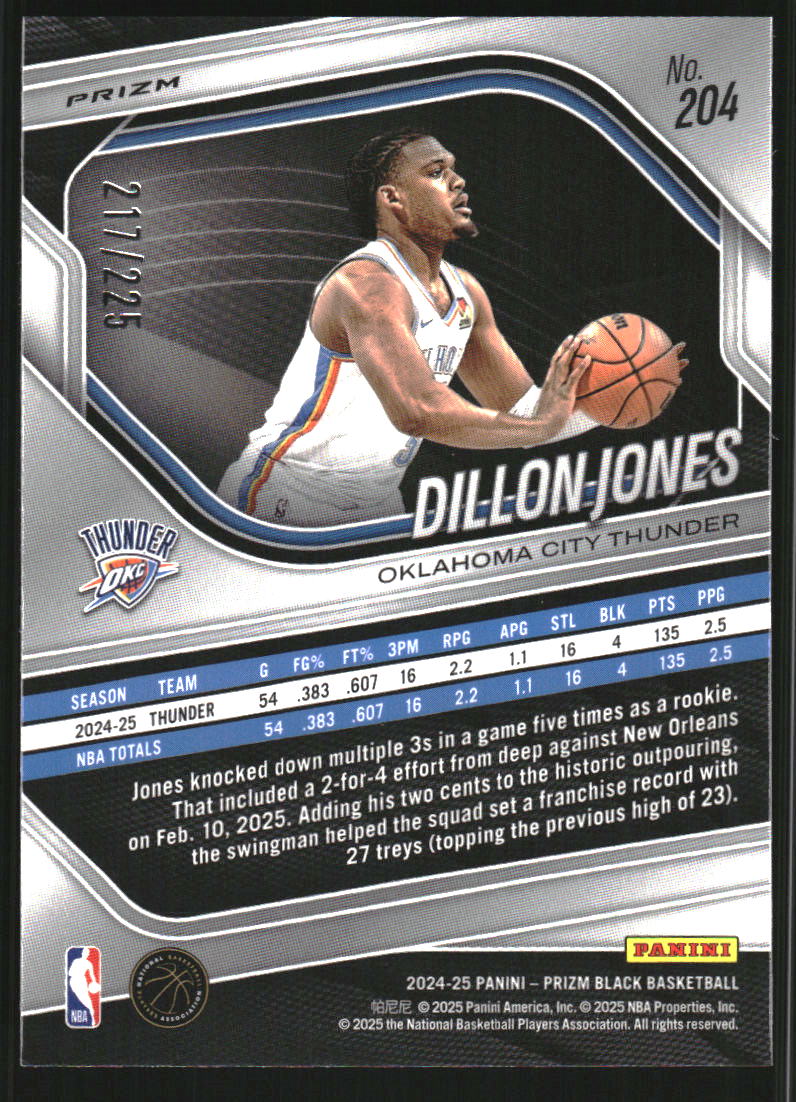 2024-25 Panini Prizm Black Prizms Basketball #204 Dillon Jones /225