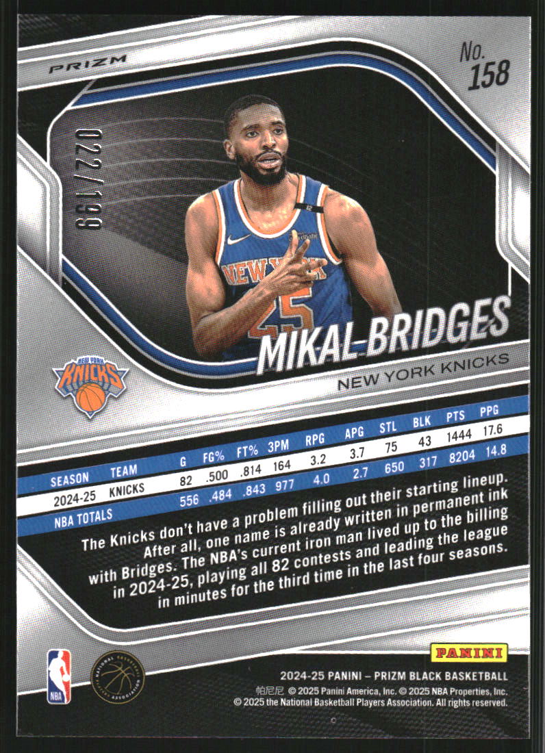 2024-25 Panini Prizm Black Prizms Blue #158 Mikal Bridges /199