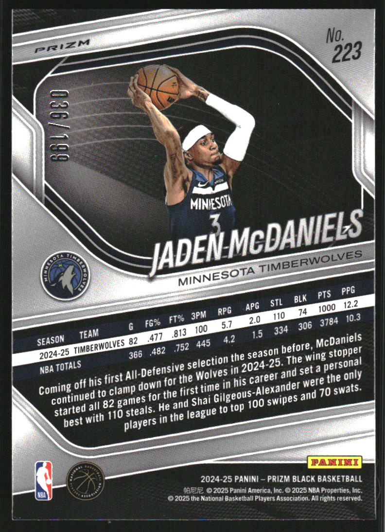 2024-25 Panini Prizm Black Prizms Blue #223 Jaden McDaniels /199
