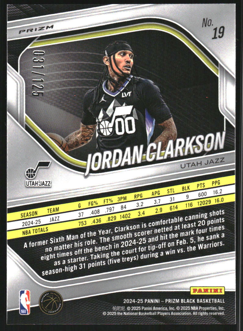 2024-25 Panini Prizm Black Prizms Blue Ice #19 Jordan Clarkson /125