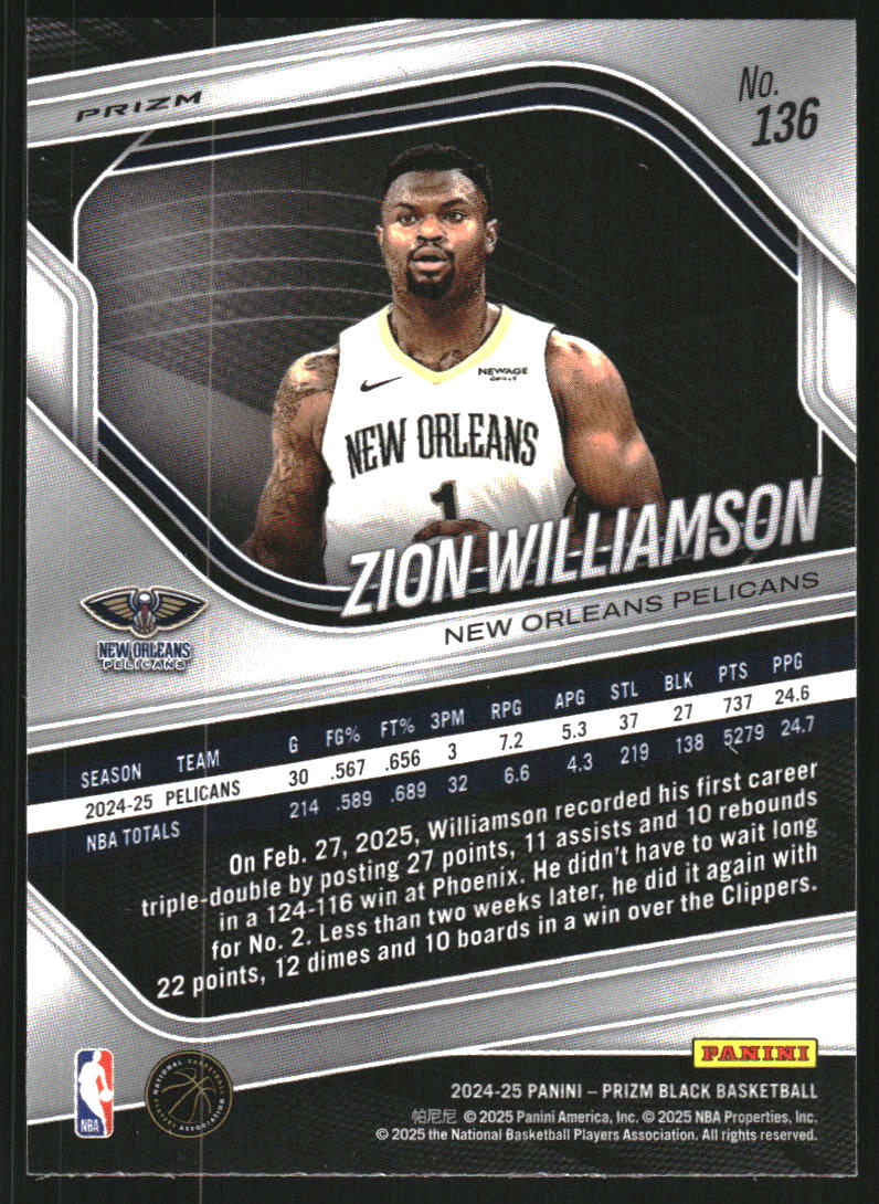 2024-25 Panini Prizm Black Prizms Hyper #136 Zion Williamson