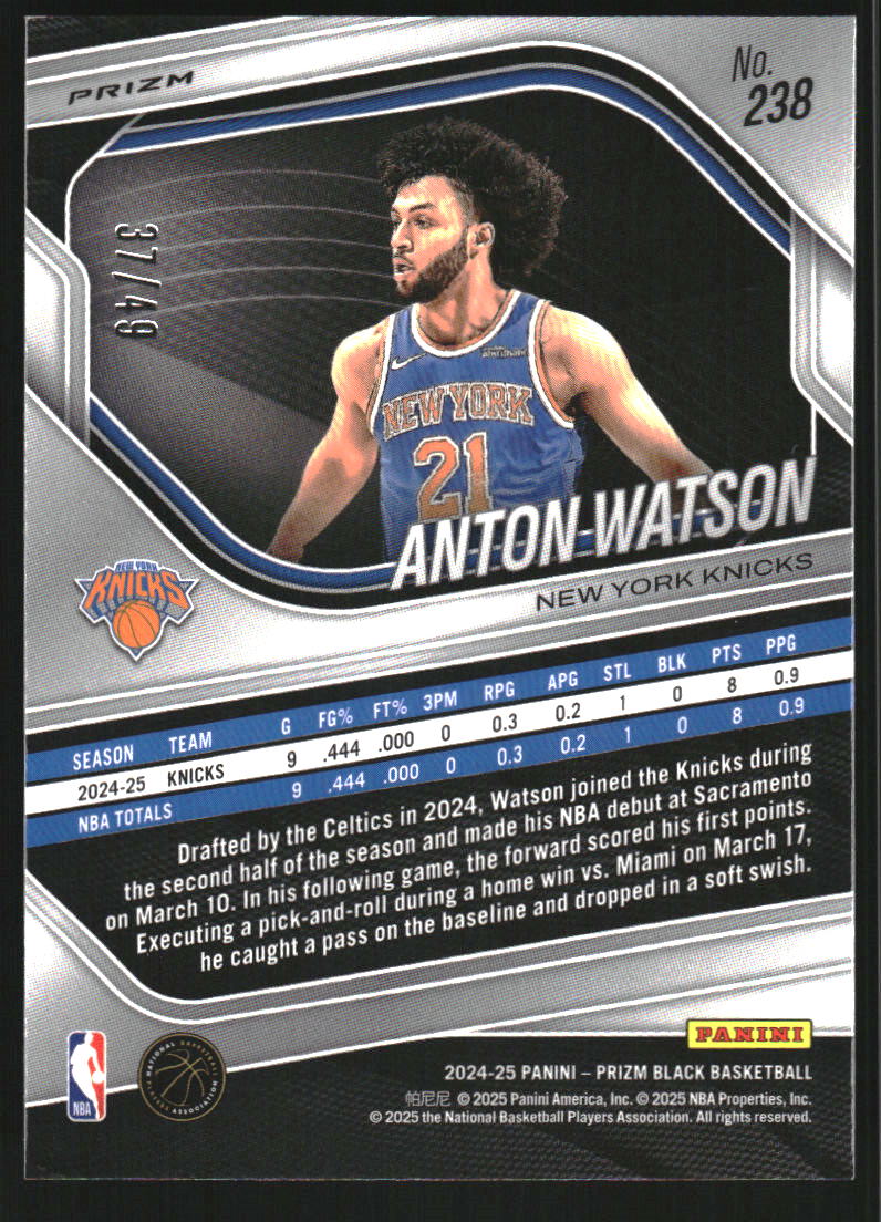 2024-25 Panini Prizm Black Prizms Orange #238 Anton Watson /49