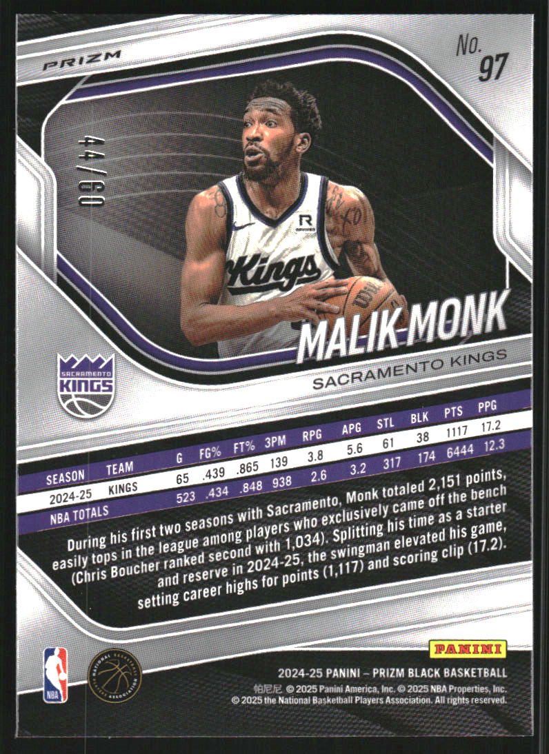 2024-25 Panini Prizm Black Prizms Orange Wave #97 Malik Monk /60