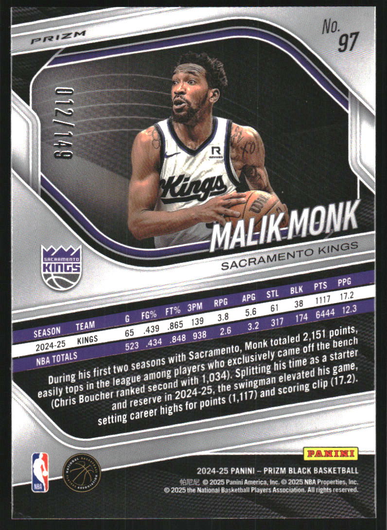 2024-25 Panini Prizm Black Prizms Purple Ice #97 Malik Monk /149