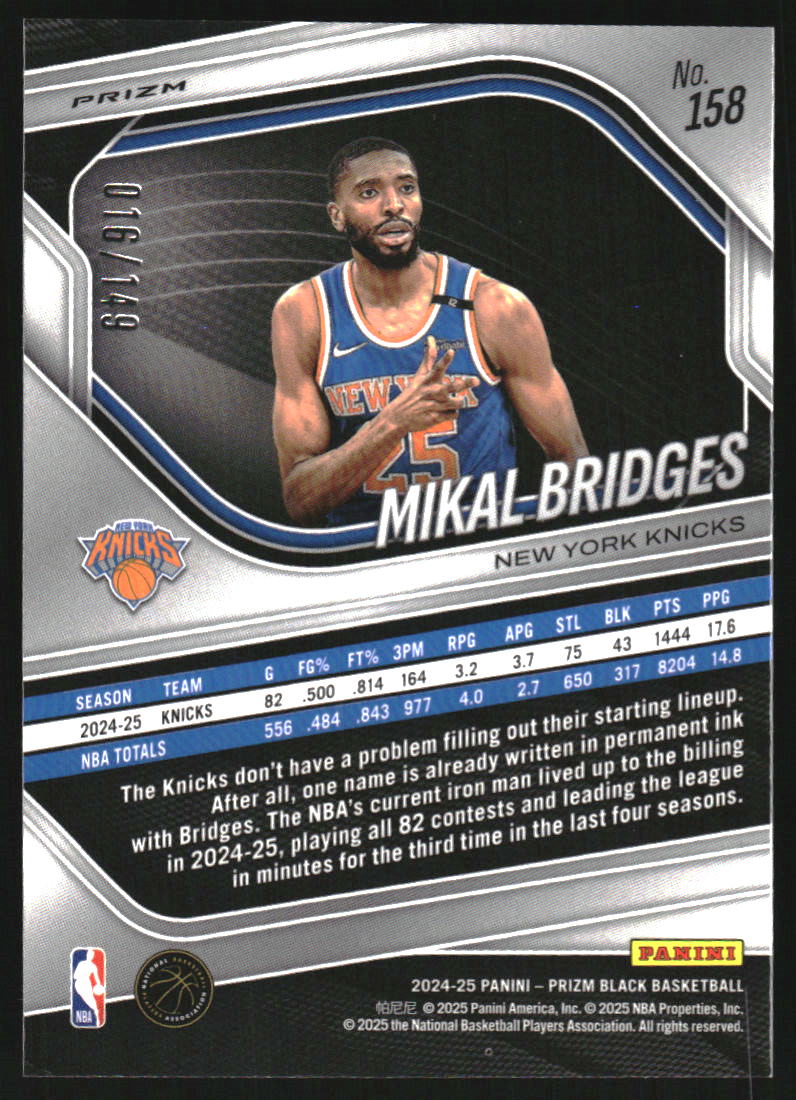 2024-25 Panini Prizm Black Prizms Purple Ice #158 Mikal Bridges /149