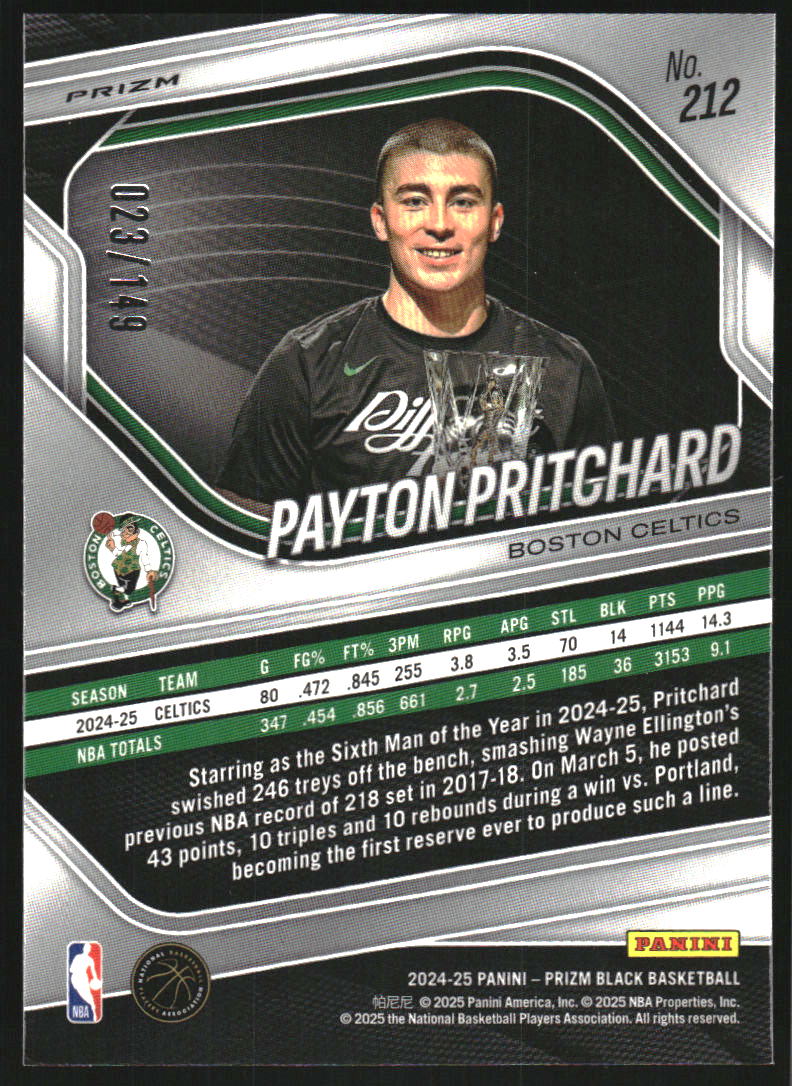 2024-25 Panini Prizm Black Prizms Purple Ice #212 Payton Pritchard /149