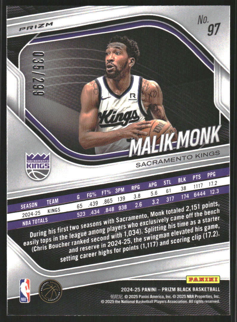 2024-25 Panini Prizm Black Prizms Red #97 Malik Monk /299