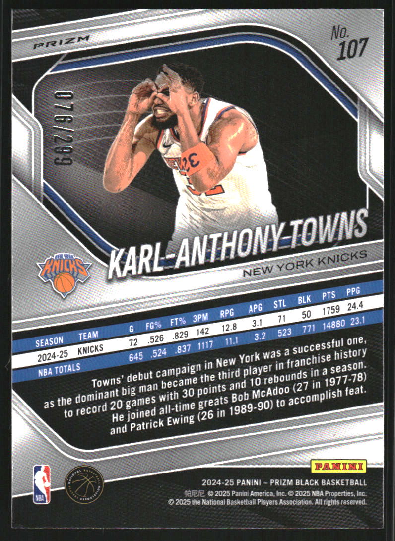 2024-25 Panini Prizm Black Prizms Red #107 Karl-Anthony Towns /299
