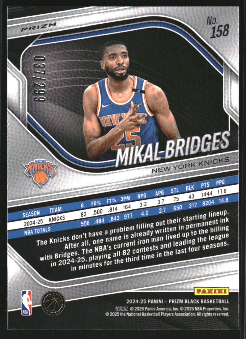 2024-25 Panini Prizm Black Prizms Red #158 Mikal Bridges /299