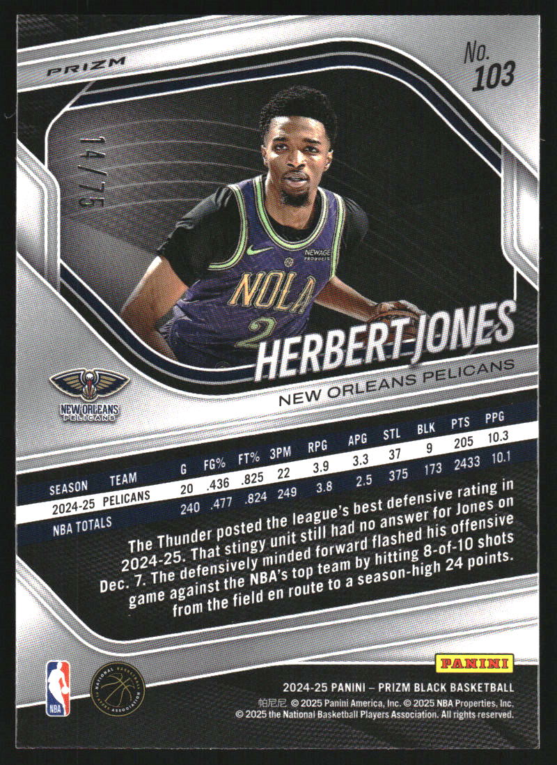 2024-25 Panini Prizm Black Prizms Red Power #103 Herbert Jones /75