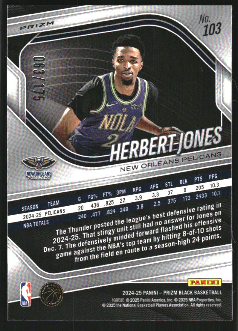 2024-25 Panini Prizm Black Prizms White #103 Herbert Jones /175
