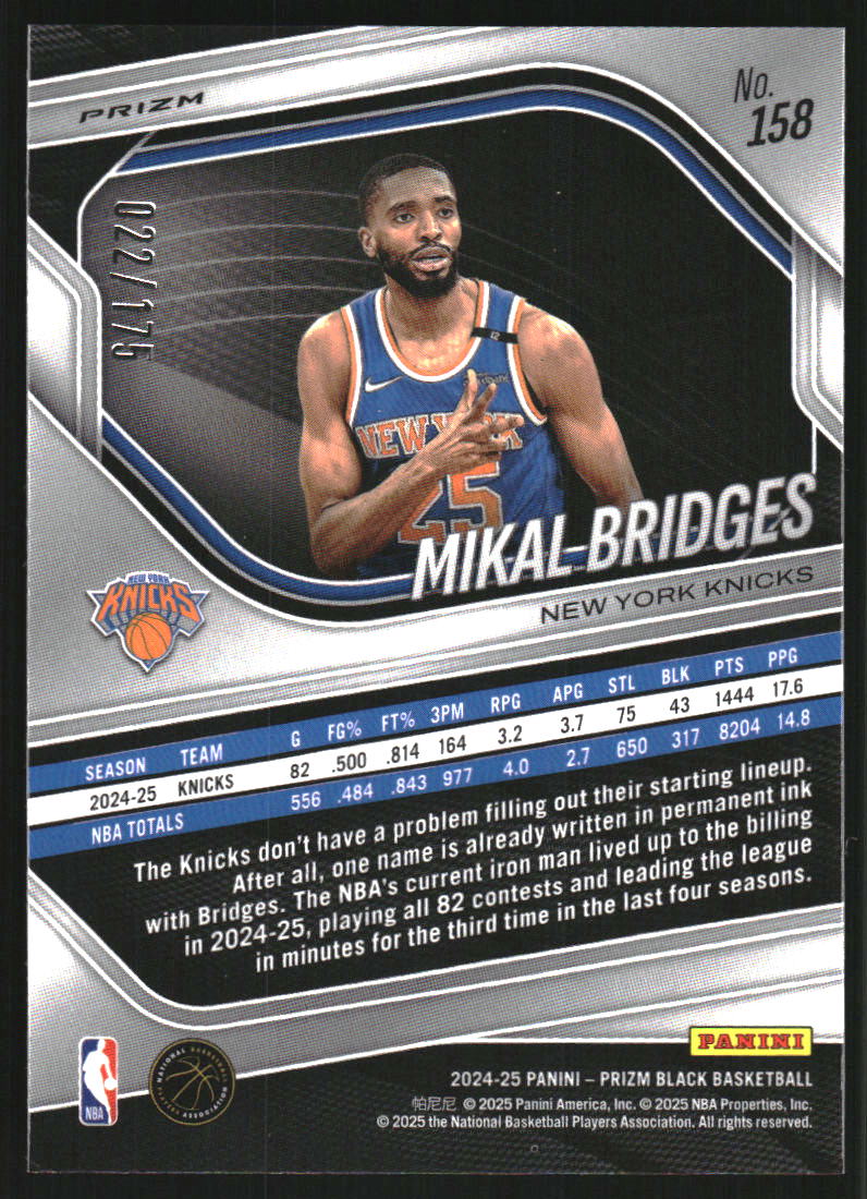 2024-25 Panini Prizm Black Prizms White #158 Mikal Bridges /175
