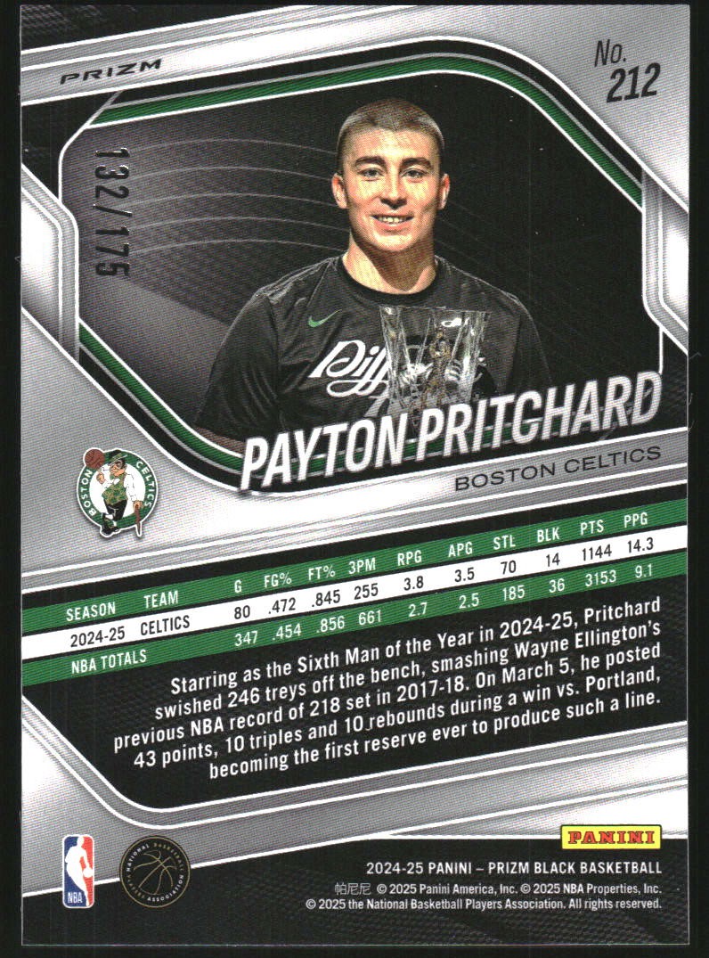 2024-25 Panini Prizm Black Prizms White #212 Payton Pritchard /175