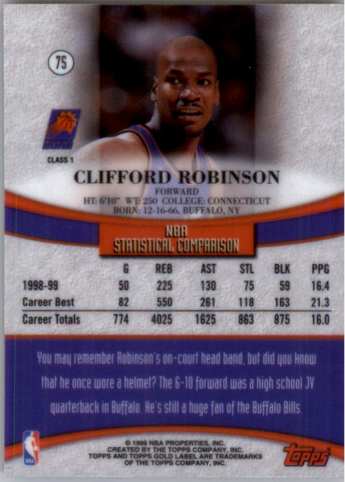 1999-00 Topps Gold Label Class 1 Black Label #75 Clifford Robinson back image