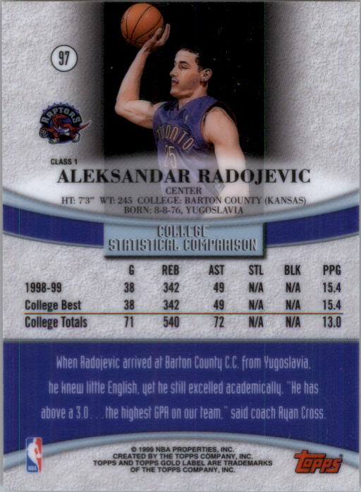 1999-00 Topps Gold Label Class 1 Black Label #97 Aleksandar Radojevic back image