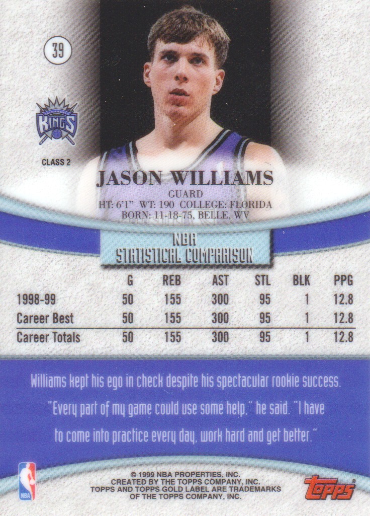 1999-00 Topps Gold Label Class 2 #39 Jason Williams back image