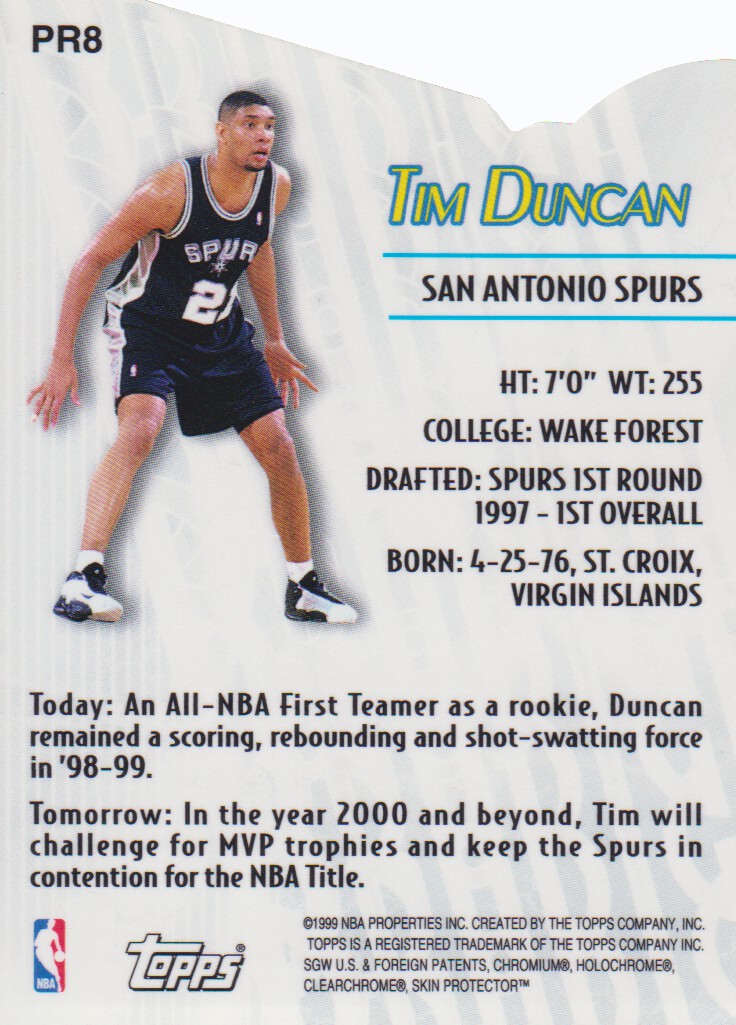 1999-00 Topps Prodigy #PR8 Tim Duncan back image