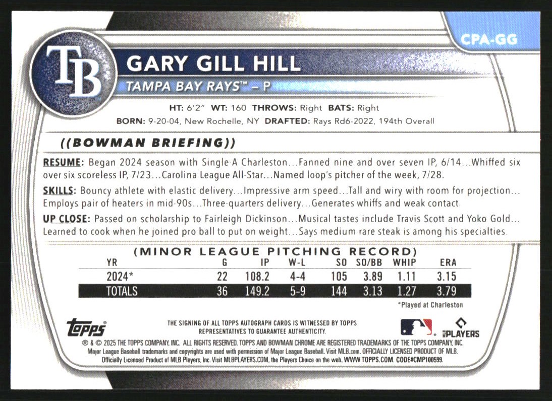 2025 Bowman Chrome Prospect Autographs #CPAGG Gary Gill Hill