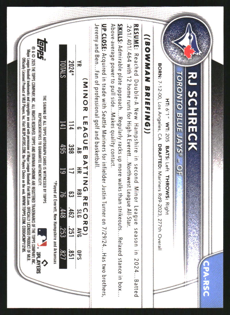 2025 Bowman Chrome Prospect Autographs #CPARSC RJ Schreck Auto