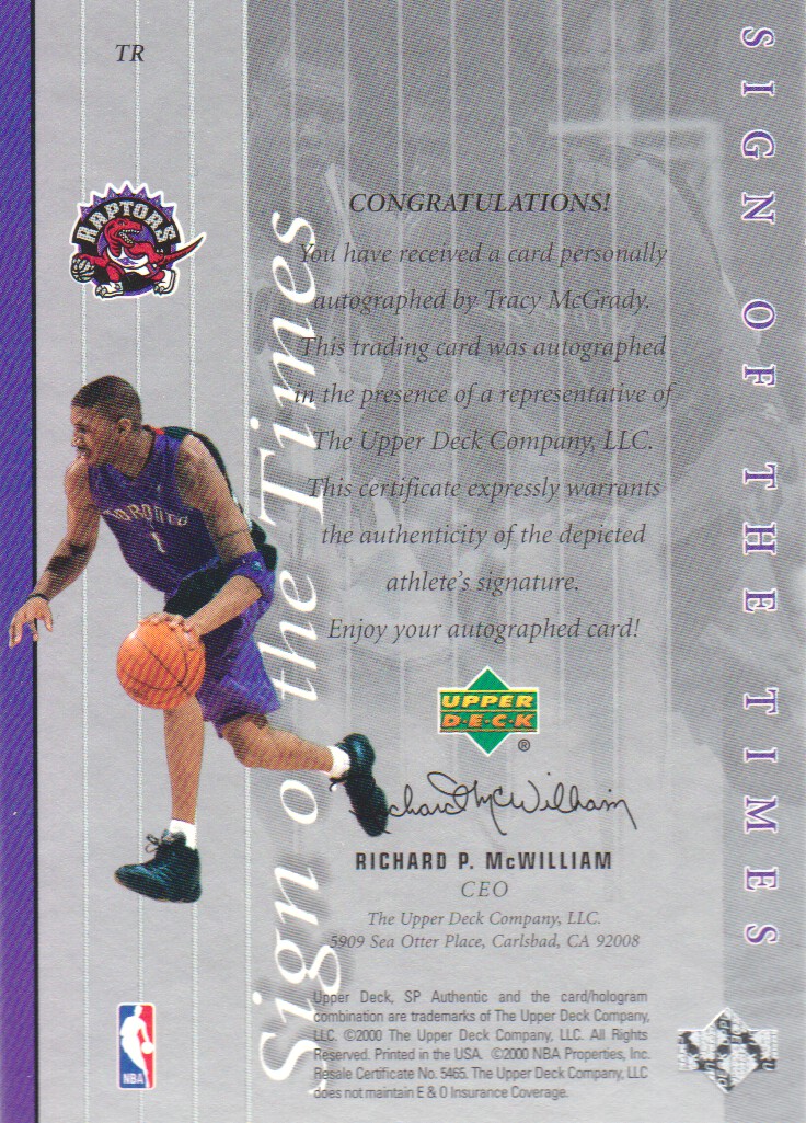 1999-00 SP Authentic Sign of the Times #TR Tracy McGrady back image