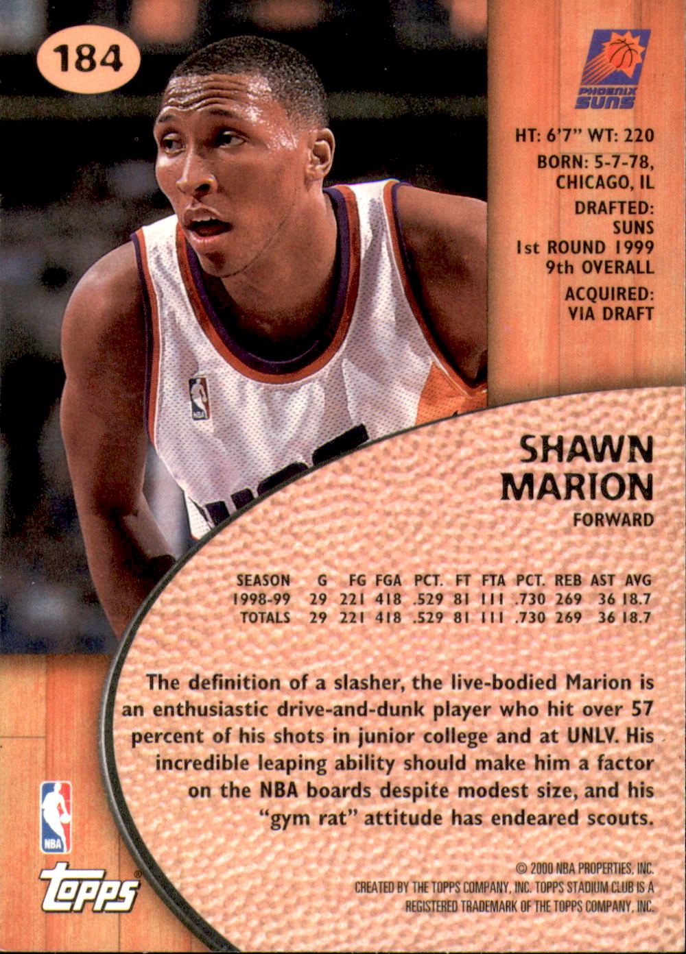 1999-00 Stadium Club #184 Shawn Marion RC back image