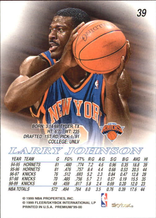 1999-00 SkyBox Premium #39 Larry Johnson back image