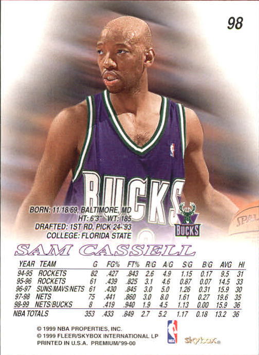 1999-00 SkyBox Premium #98 Sam Cassell back image