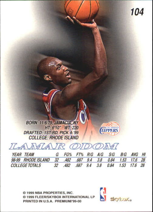 1999-00 SkyBox Premium #104 Lamar Odom RC back image