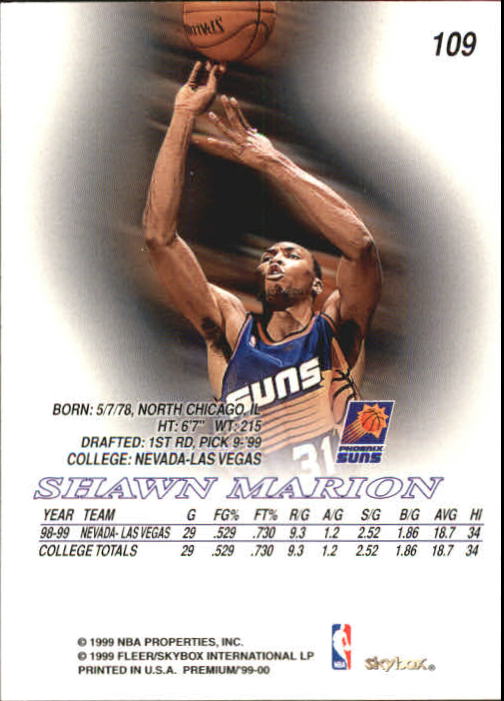 1999-00 SkyBox Premium #109A Shawn Marion SP back image