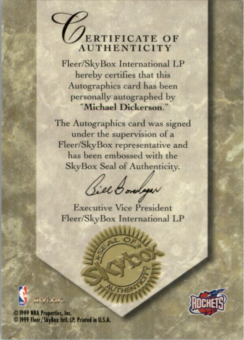 1999-00 SkyBox Premium Autographics #25 Michael Dickerson back image