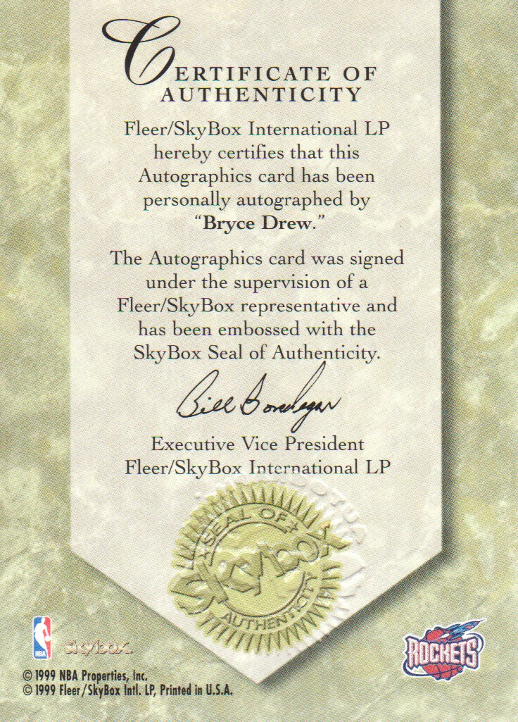 1999-00 SkyBox Premium Autographics #27 Bryce Drew back image