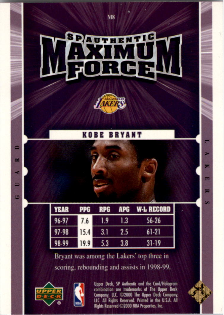 1999-00 SP Authentic Maximum Force #M8 Kobe Bryant back image