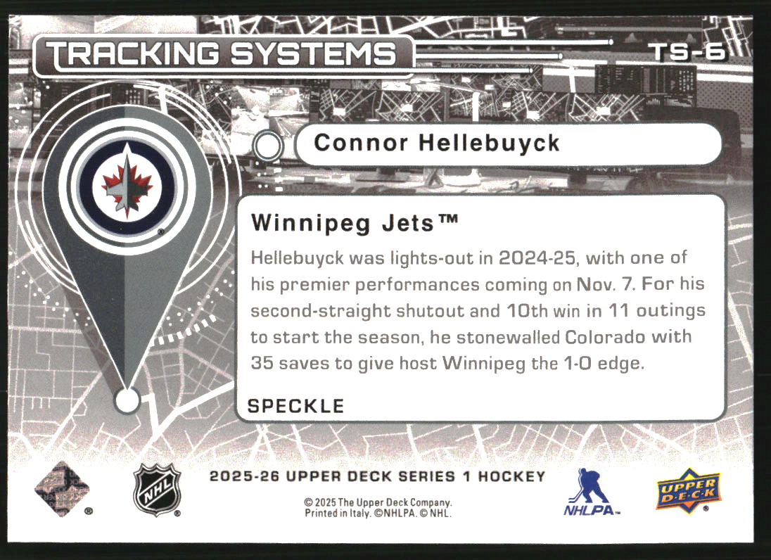 2025-26 Upper Deck Tracking Systems Speckle #TS6 Connor Hellebuyck