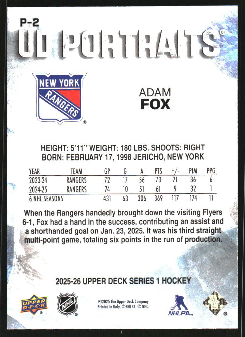 2025-26 Upper Deck UD Portraits #P2 Adam Fox
