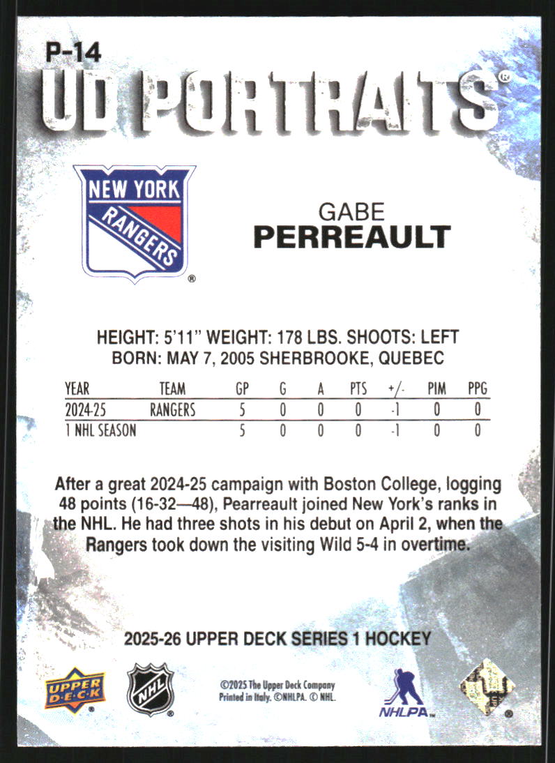 2025-26 Upper Deck UD Portraits #P14 Gabe Perreault