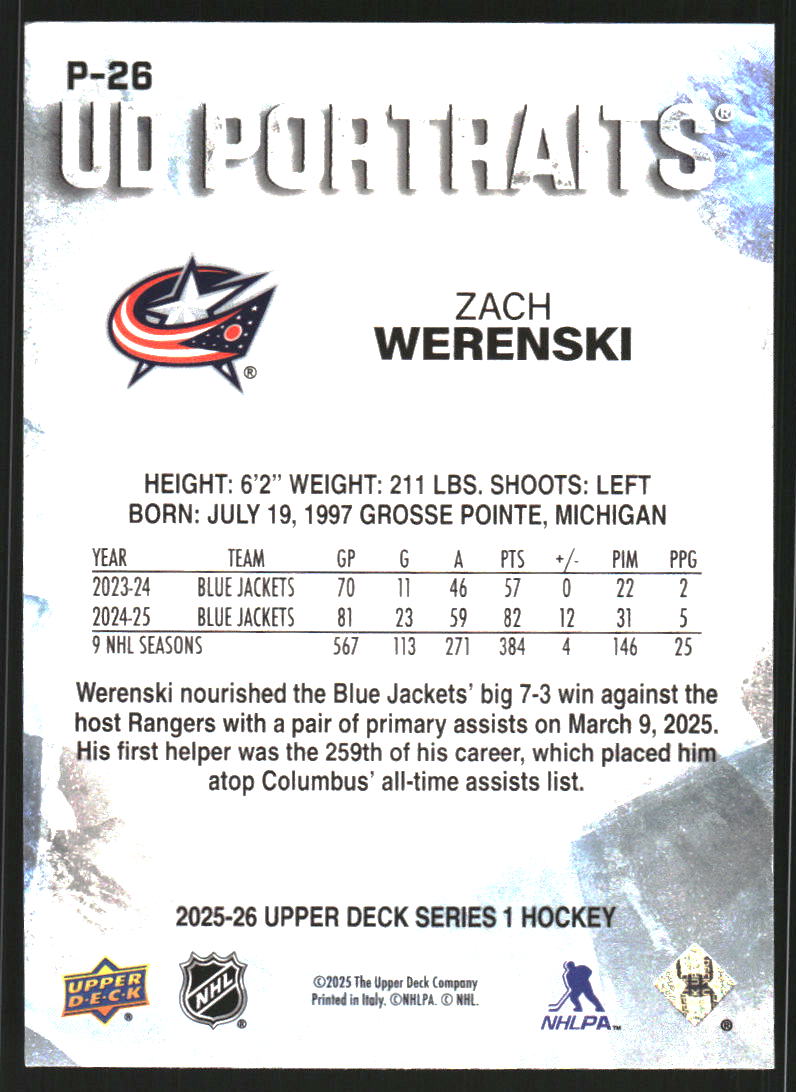 2025-26 Upper Deck UD Portraits #P26 Zach Werenski