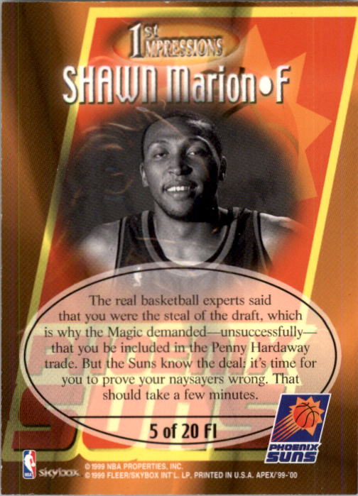 1999-00 SkyBox APEX First Impressions #5 Shawn Marion back image