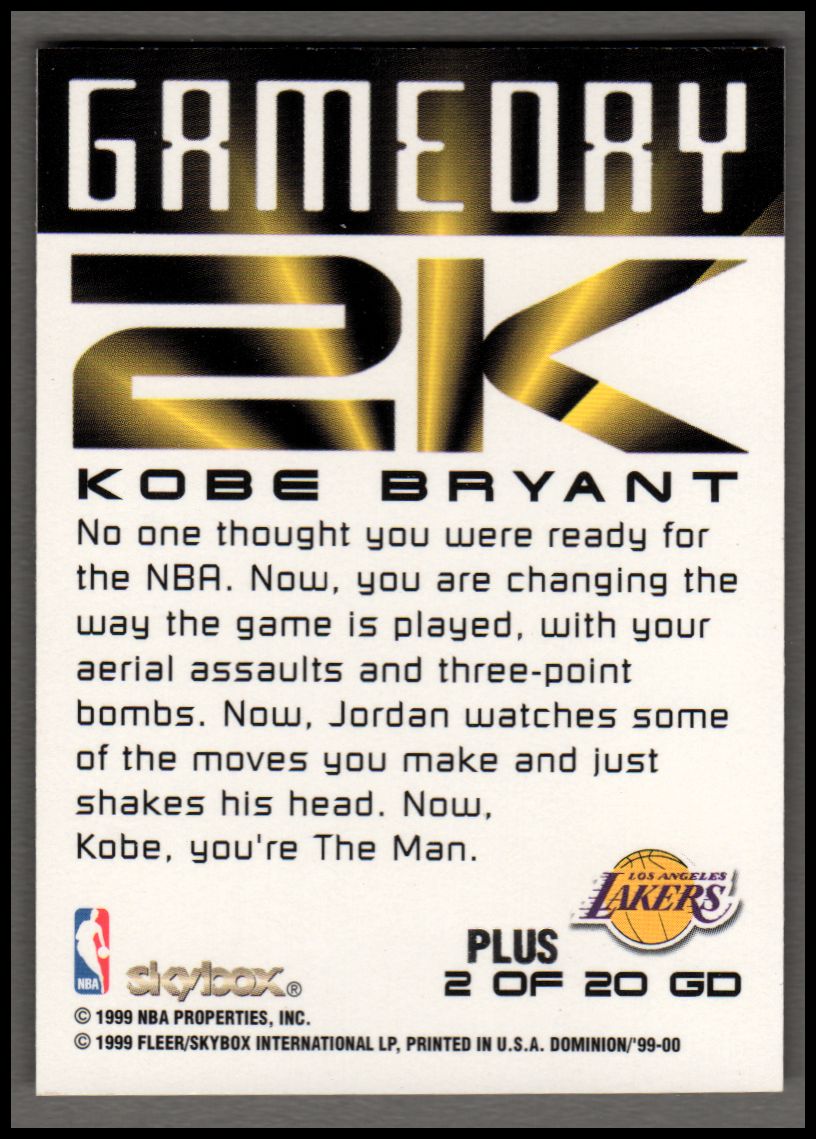 1999-00 SkyBox Dominion Game Day 2K Plus #2 Kobe Bryant back image