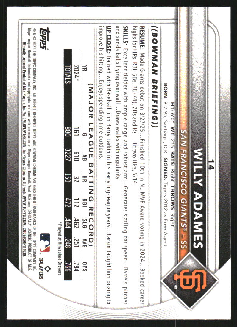 2025 Bowman Chrome Mega Box Blue Refractors #14 Willy Adames /150