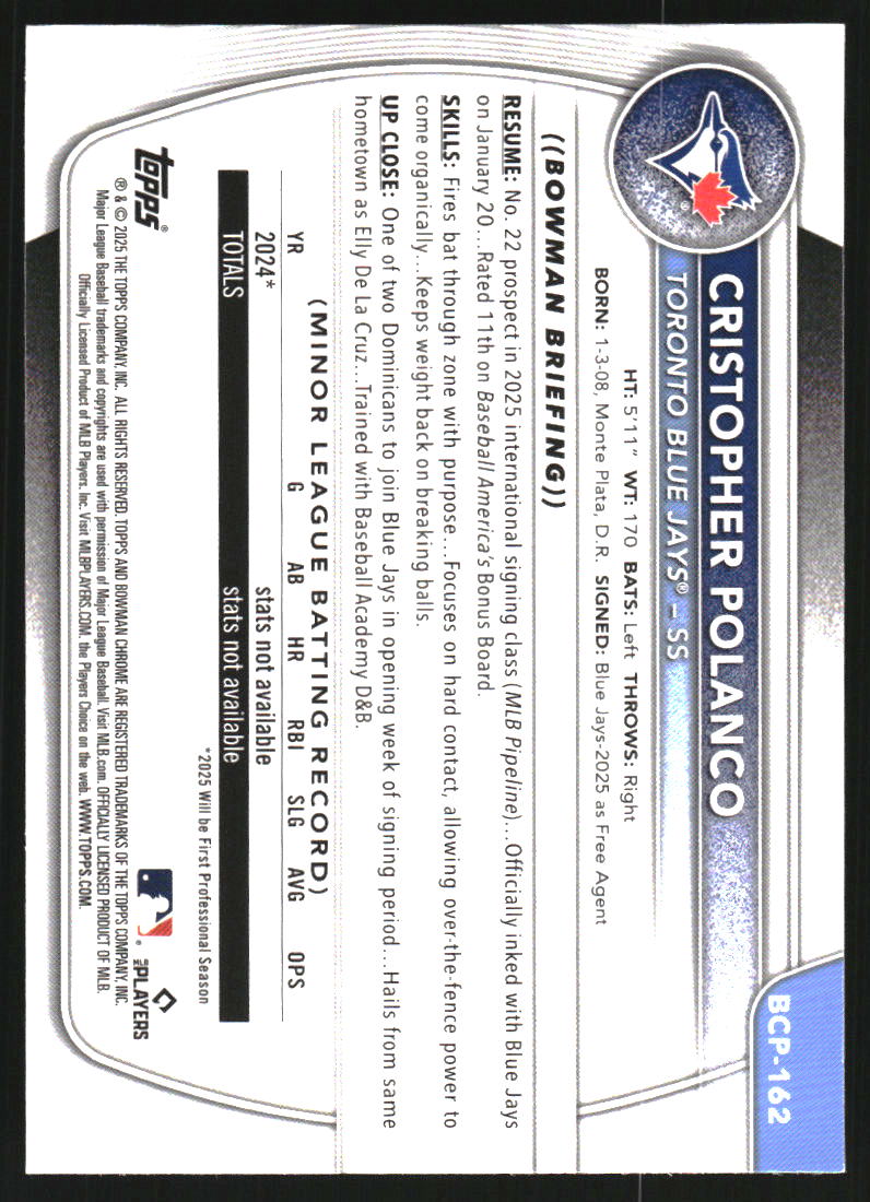 2025 Bowman Chrome Mega Box Prospects #BCP162 Cristopher Polanco