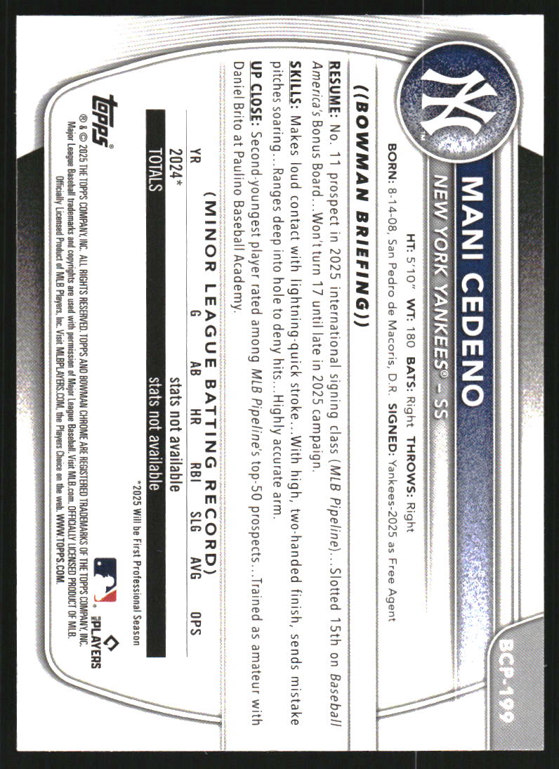 2025 Bowman Chrome Mega Box Prospects Aqua Refractors #BCP199 Mani Cedeno /299