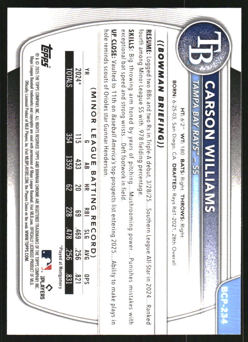 2025 Bowman Chrome Mega Box Prospects Aqua Refractors #BCP234 Carson Williams /299