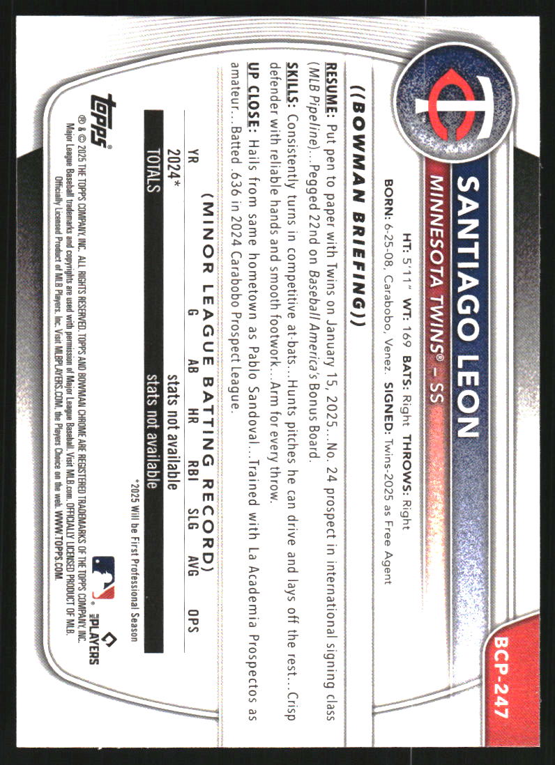 2025 Bowman Chrome Mega Box Prospects Aqua Refractors #BCP247 Santiago Leon /299