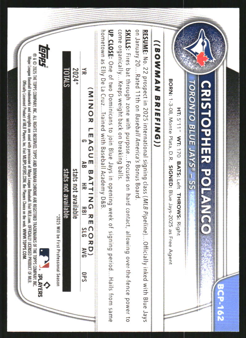 2025 Bowman Chrome Mega Box Prospects Pink Refractors #BCP162 Cristopher Polanco /199