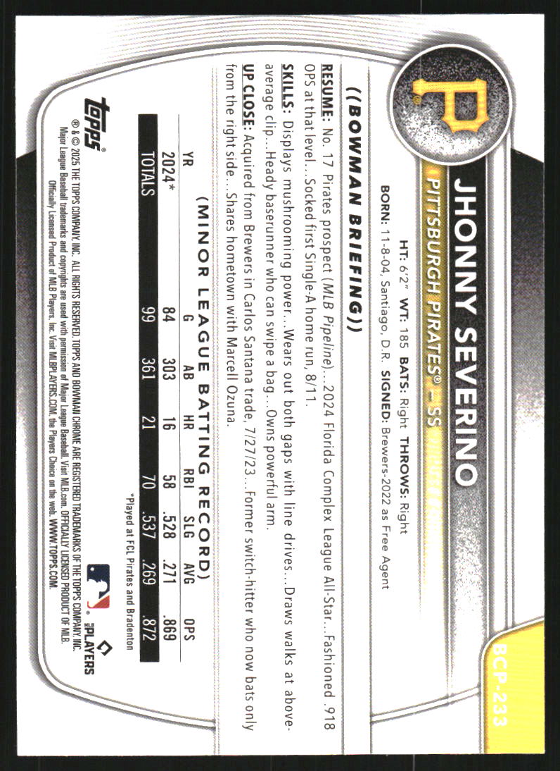 2025 Bowman Chrome Mega Box Prospects Pink Refractors #BCP233 Jhonny Severino /199